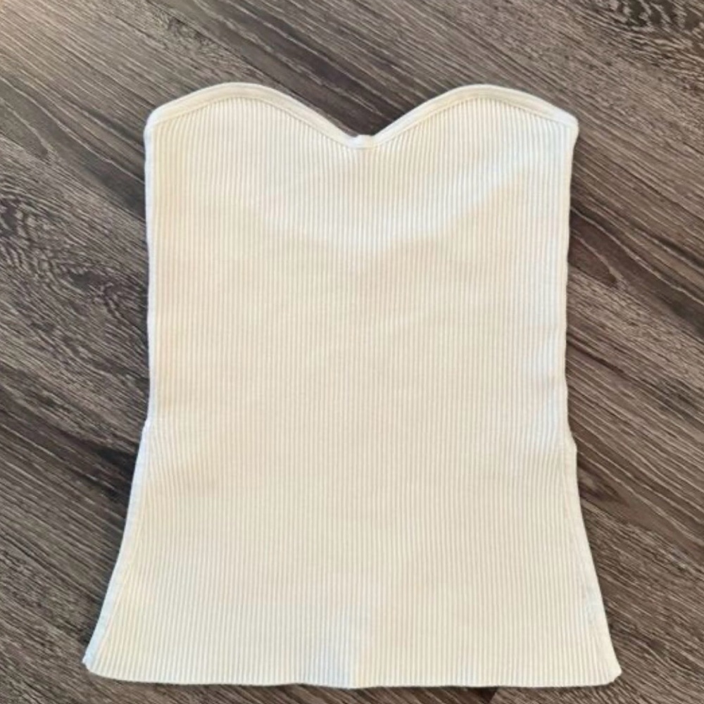 Caroline Constas Cream Strapless Ribbed Top
